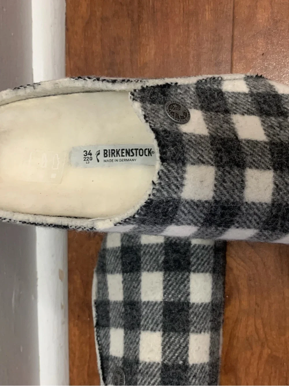 Birkenstock zermatt 34N Gray and White Plaid Wool Clog Slippers